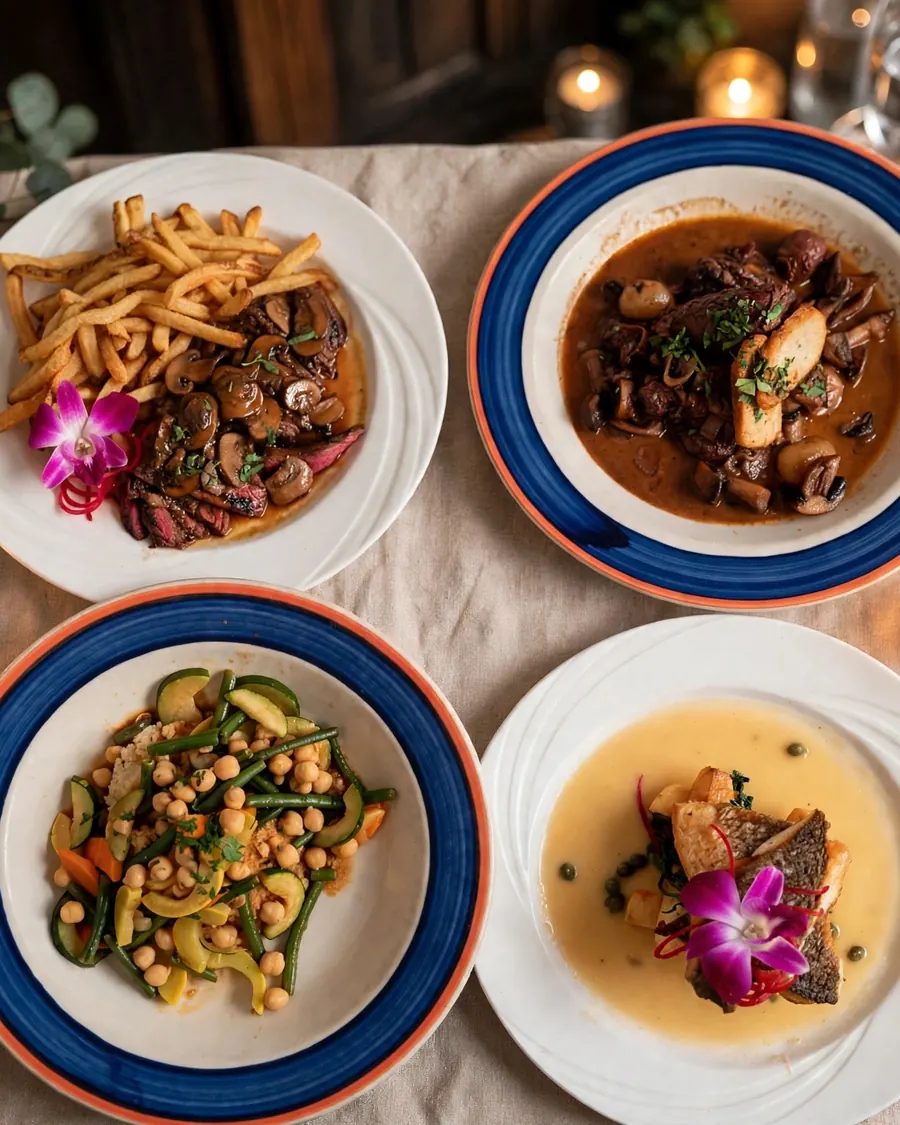 Four plates on the table at Deux Amis, seen from above