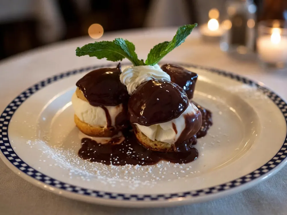 Cream puffs covered in chocolate sauce with whipped cream, powdered sugar and a mint sprig